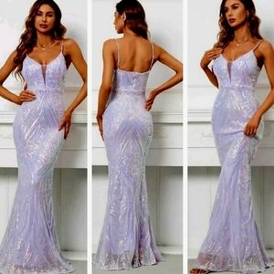 Light Purple, Graphic Print,  Sleeveless,  Backless,  V Neck,  Sequined …